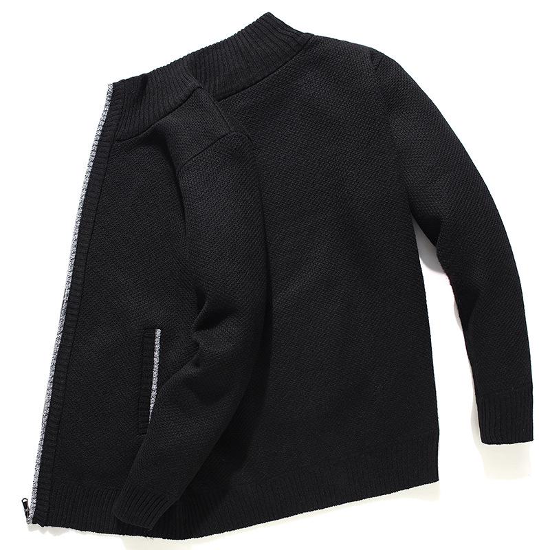 Men's Autumn/Winter Plus Velvet Zipper Knitted Cardigan Jacket with Stand Collar and Solid Color