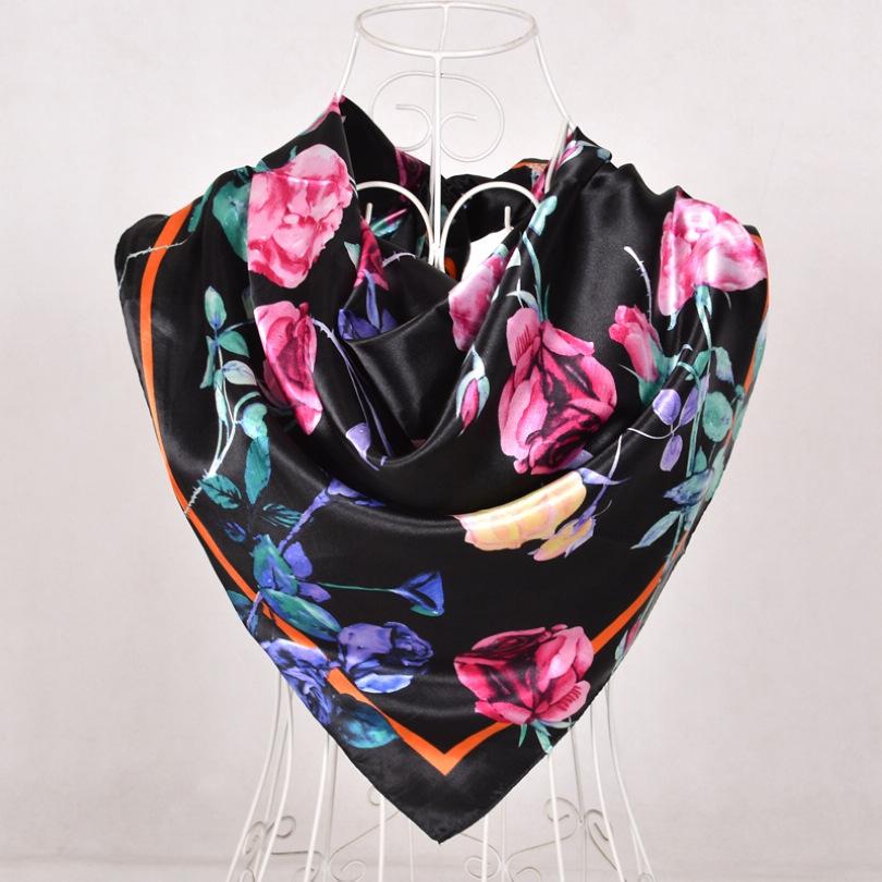 [BYSIFA] Navy Blue Chinese Roses Large Square Scarves New Female Elegant Large Silk Scarf Fashion Ladies Accessories 90*90cm