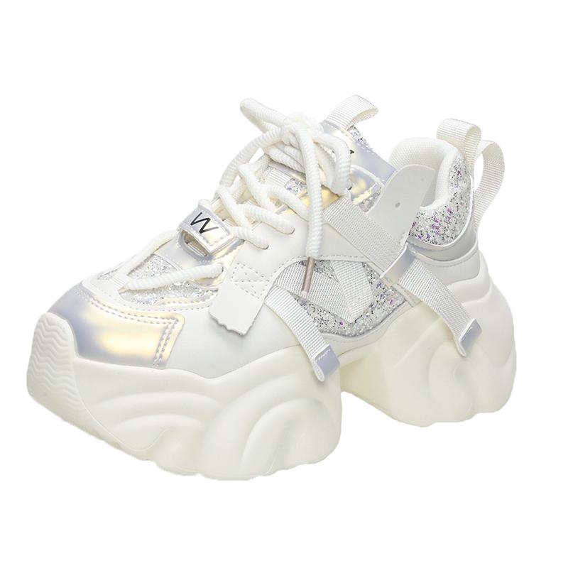 Fashion Women Autumn Spring Chunky Sneakers Thick Bottom Leather Shoes High Platform Vulcanize Shoes Bling Casual Sports Dad Shoes 7CM