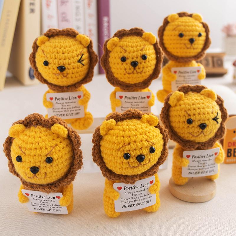 Positive Crochet Lion Doll with Card Home Room Decor Handmade Knitting Emotional Support Lion Animal Ornament Christmas Gift