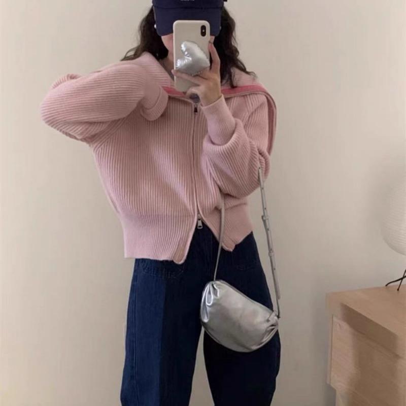 Женский свитер Design Sense с вырезом поло и молнией, кардиган, осень 2023, осень с длинными рукавами, трикотаж, свитер, кардиган, женские топы