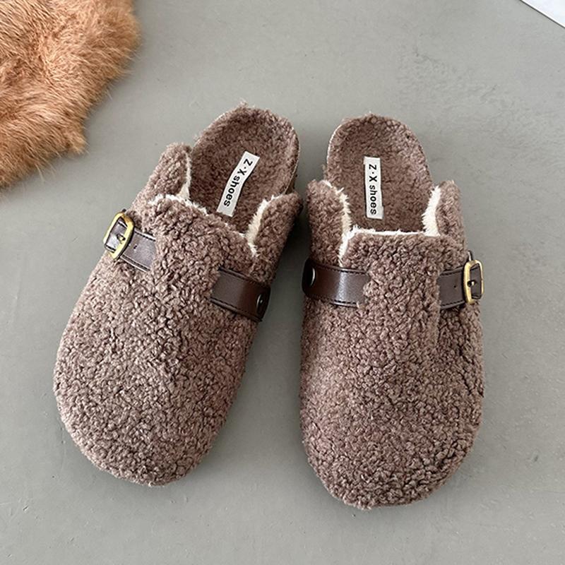2024 овечья шерсть мюли женские тапочки с пряжкой на поясе зимние сабо обувь женская на платформе с покрытием носок плюшевые меховые шлепанцы уличные пушистые туфли