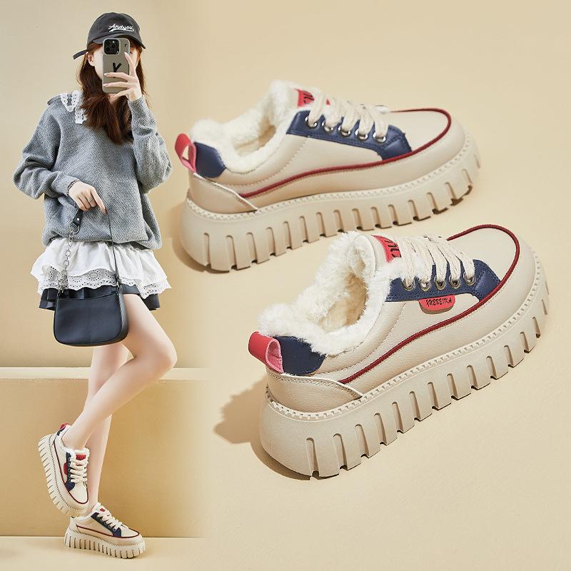 Winter Warm Chunky Platform Sneakers for Women Faux Fur Lining Walking Shoes Women's Casual Comfortable Fleece Lined Non-Slip Lace-Up Tennis Sneakers