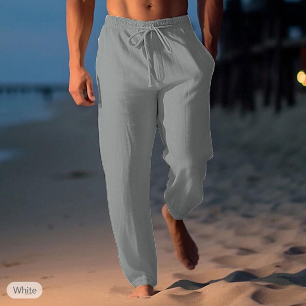 Брюки из хлопка и конопли, летние брюки, пляжные брюки, эластичный пояс на шнурке, прямые штанины, удобные, дышащие, повседневные мужские брюки