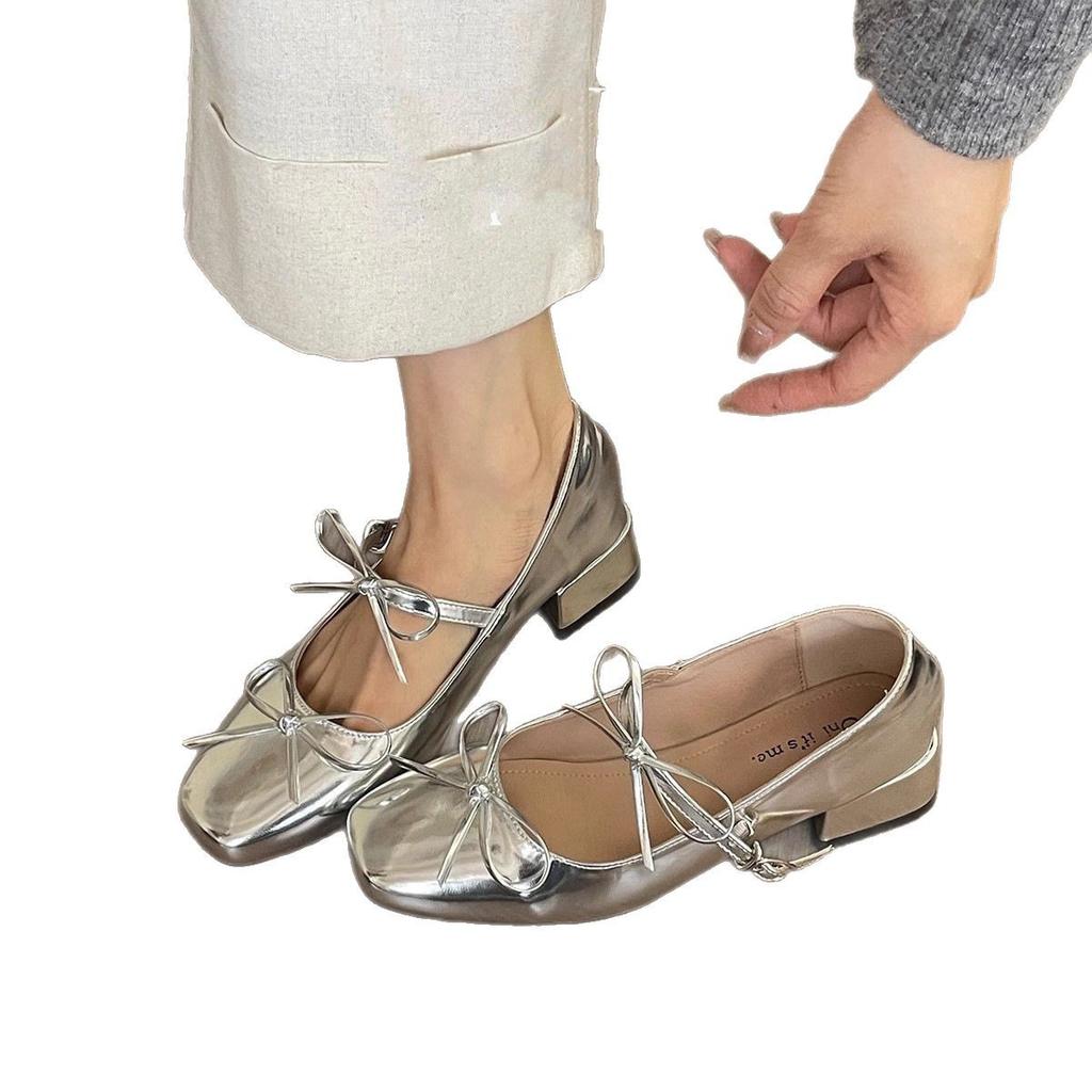 Французская потрясающая красота не уставшие ноги туфли на плоской подошве женские бант средний каблук темперамент Мэри Джейн женские туфли толстый каблук серебряные туфли на высоком каблуке