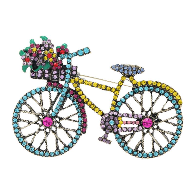 Vintage Romantic Flower Basket Bicycle Brooches For Women Fashion Full Rhinestone Colorful Metal Beauty Brooch Pins Wedding Gift
