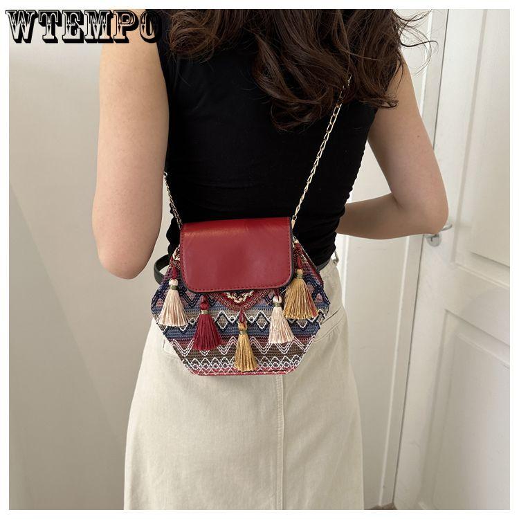 Ethnic Style Small Bag for Women Summer Chain Crossbody Bag Stylish Casual Tassel Fashion Small Square Bag