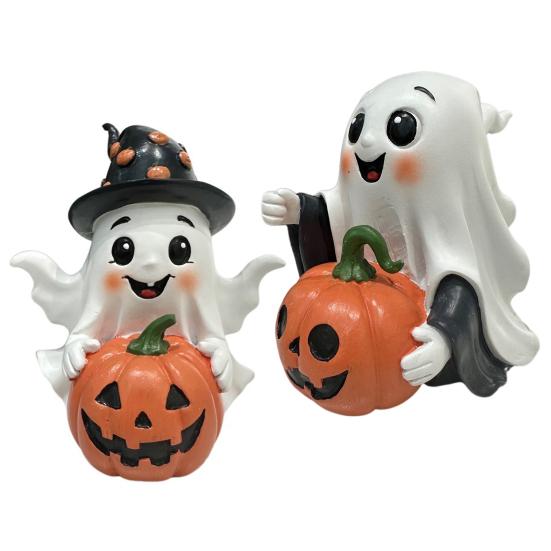 Halloween Ornament Ghost Holds Pumpkin Shape Realistic Pattern Sculpture Haunted House Fireplace Decor