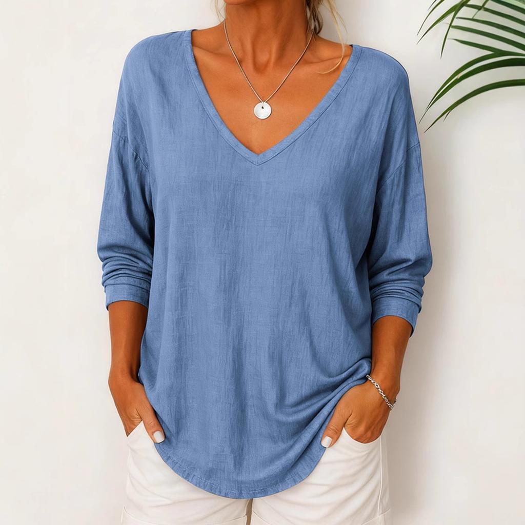Women's Fashionable Solid Color V-neck Loose Casual Long Sleeved Pullover T-shirt Top