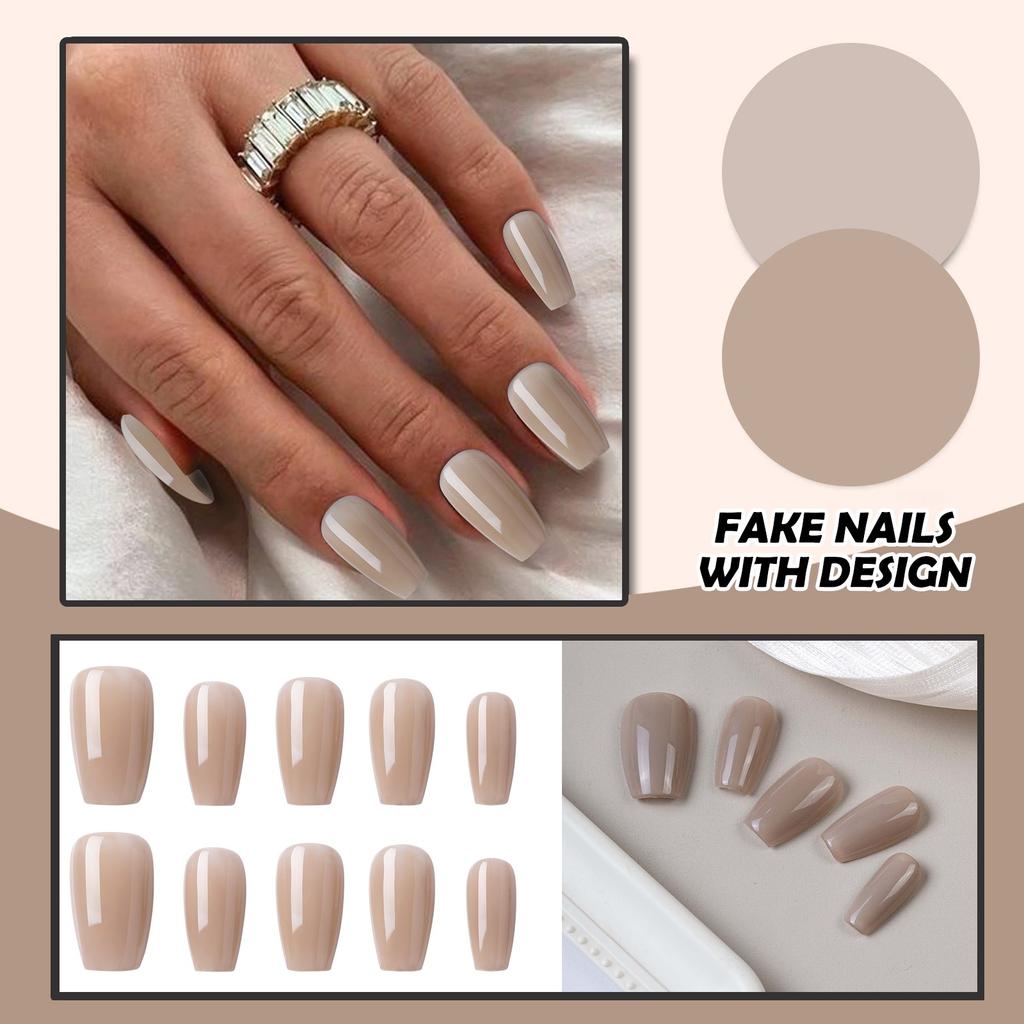 Женские накладные ногти среднего размера с рисунком телесного цвета на акриловых ногтях глянцевые накладные ногти с полным покрытием