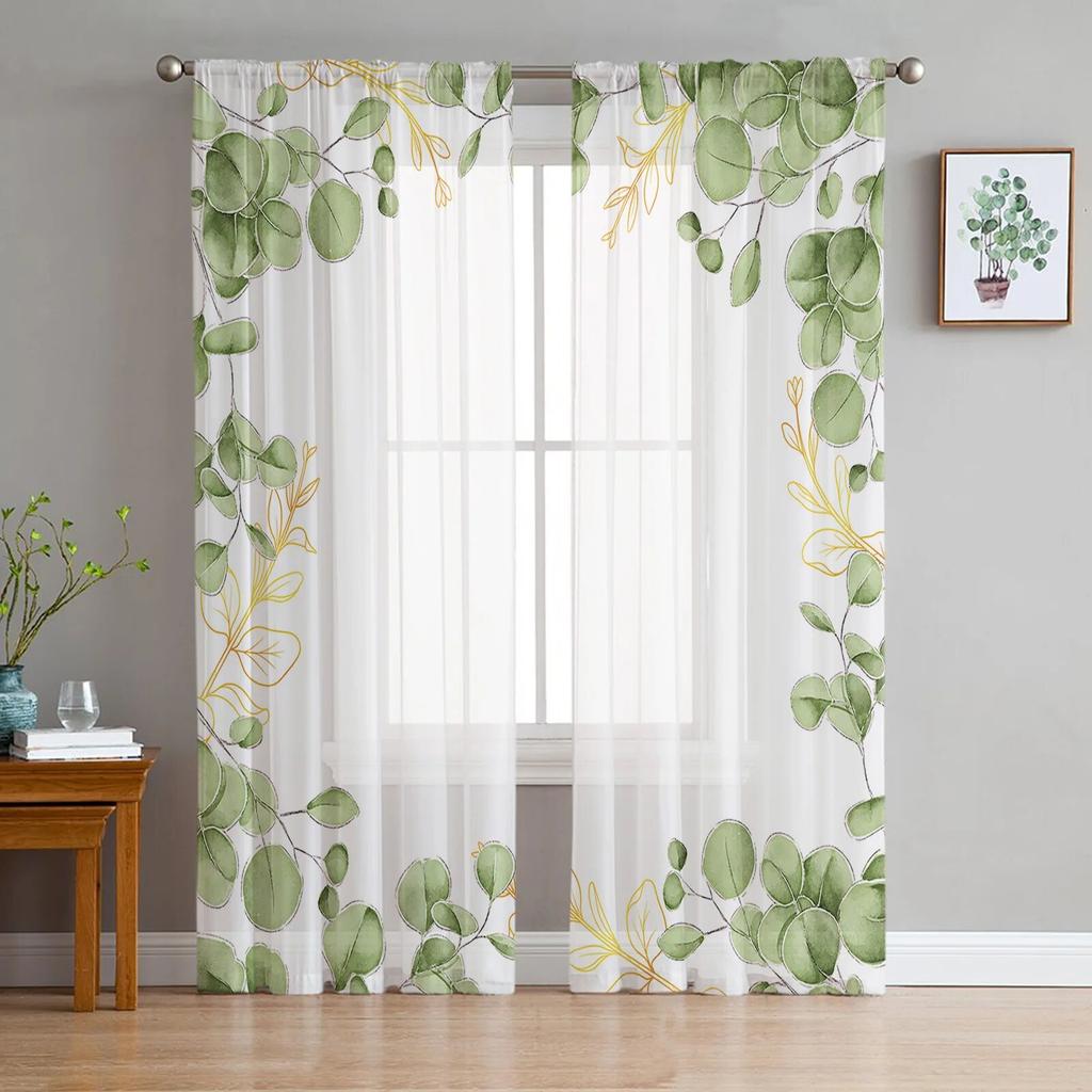 Tropical Plants Sheer Window Curtains for Living Room Girl Bedroom Tulle Curtains Kitchen Veil Chiffon Drapes