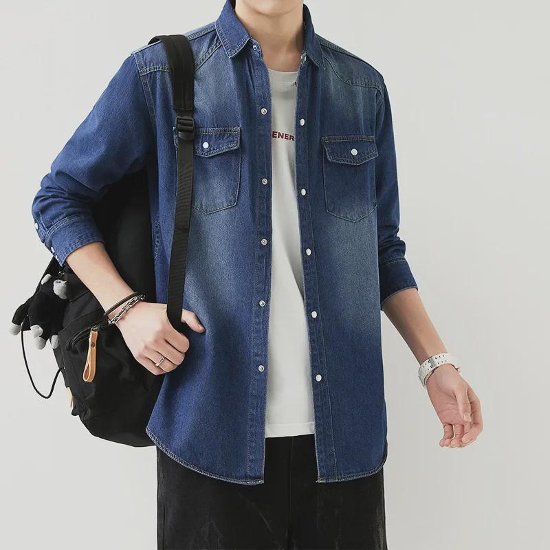 Весна/осень 2023 г. Мужская облегающая джинсовая куртка-рубашка в корейском стиле с длинными рукавами