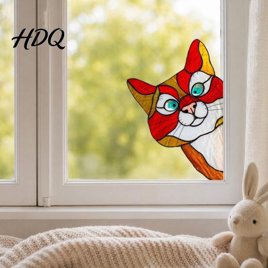 Ловящая солнечный свет наклейка с кошкой, статическая наклейка на окно в стиле витража, винтажная разноцветная наклейка с котенком, съемная, статическая, для двери, стены, автомобиля, УФ-стойкая
