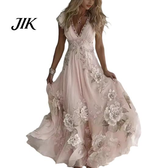 A-line Silhouette Dress Summer Floral Maxi for Women Short Sleeve V Elegant Printed Neck Swing Beach Vacation Sundress Lightweight
