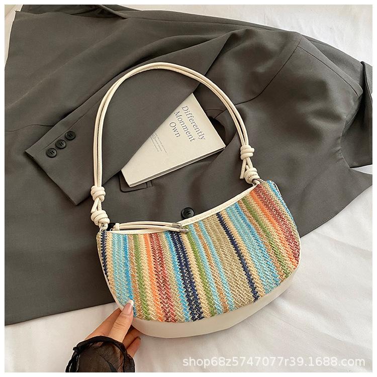 Woven Straw Bag Women's 2025 New Rainbow Dumpling Bag One-shoulder Armpit Bag Foreign Style Versatile Crossbody Bag
