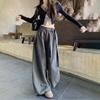 Серые широкие брюки с завязками на высокой талии для женщин, весенние свободные драпированные прямые повседневные винтажные брюки до пола