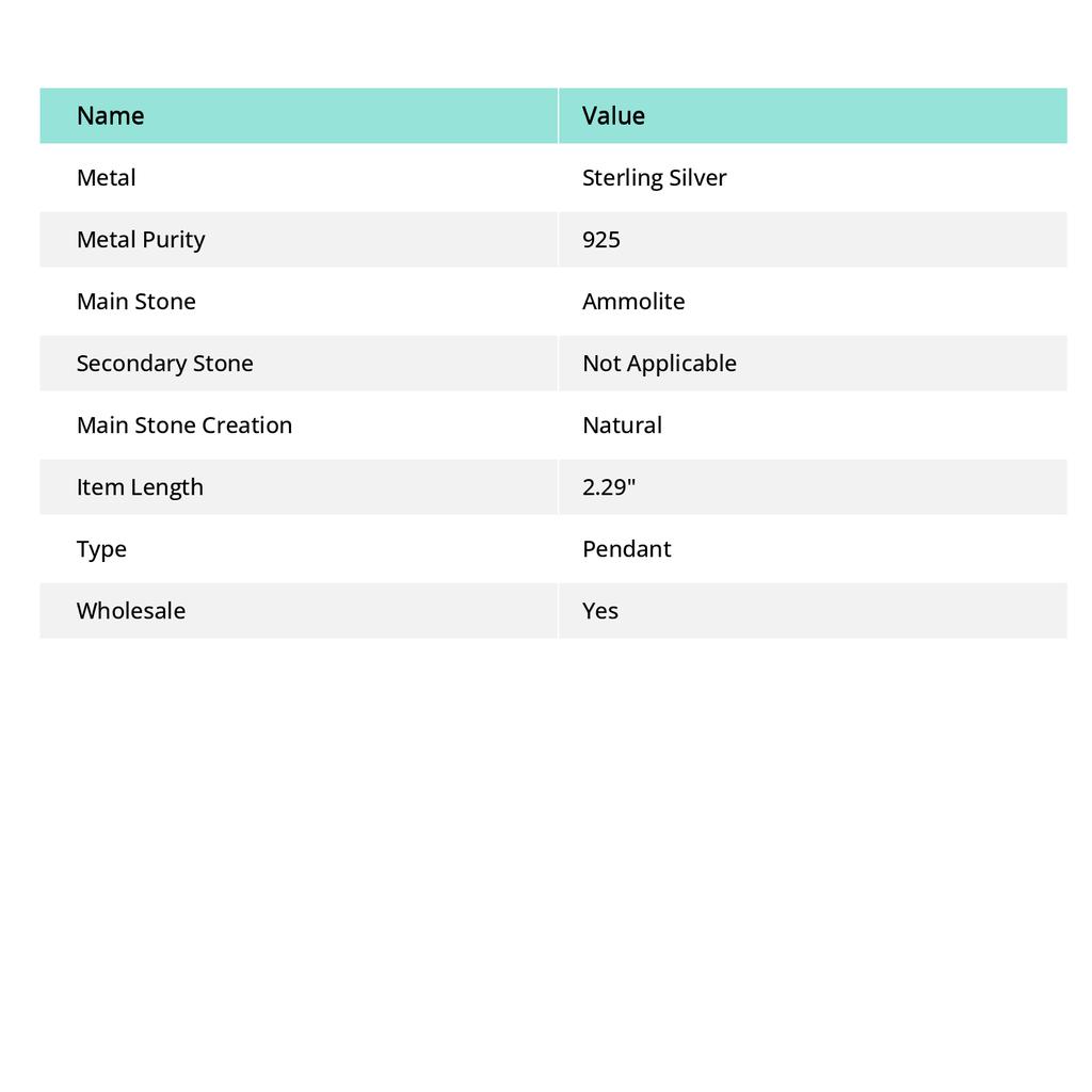 Ювелирный кулон ручной работы из стерлингового серебра 925 пробы с аммолитом 2,29 дюйма K7e77