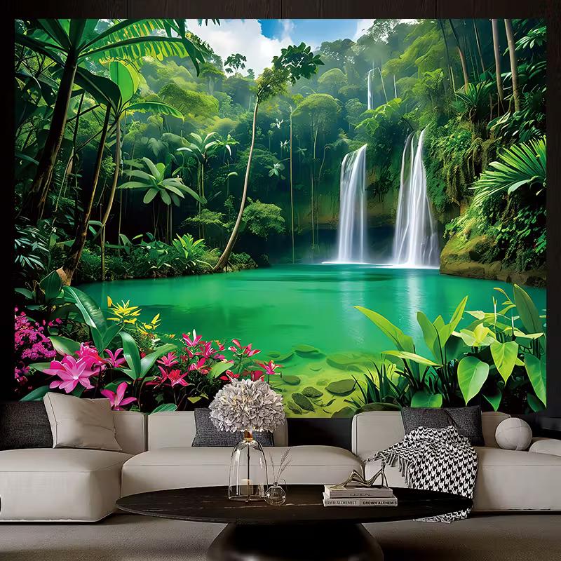 2D Turquoise Pool Waterfall Tapestry Lush Rainforest Photography Background