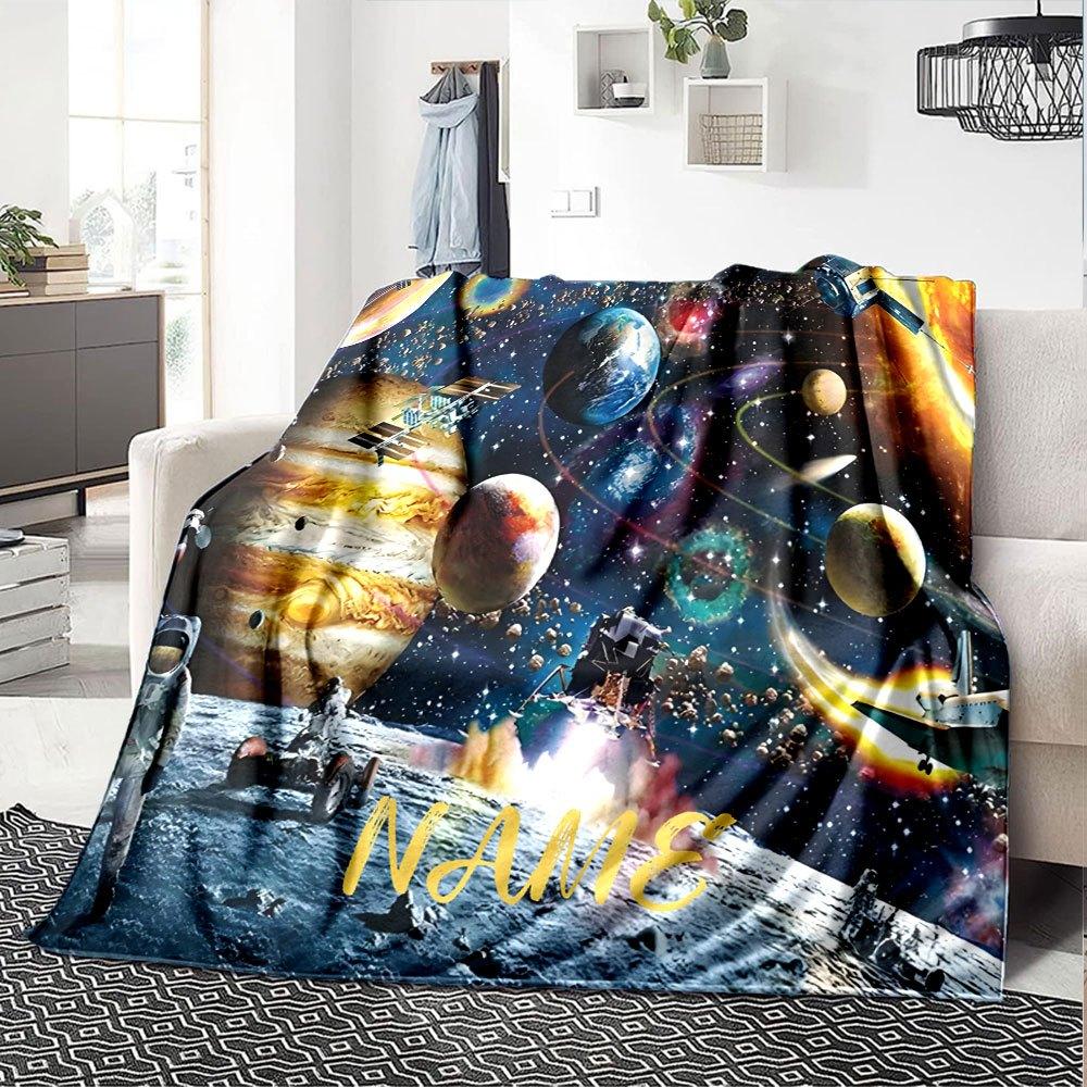 Spacethemed Home Customize Your Name Blankets Featuring A Vibrant Cosmic Design With Planets Astronauts And Satellites These Blankets Are Made From