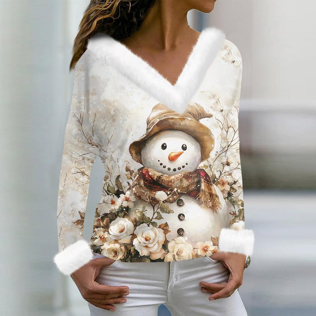 Женская футболка с рождественским принтом, длинный рукав, флисовый воротник, V-образный вырез, футболка