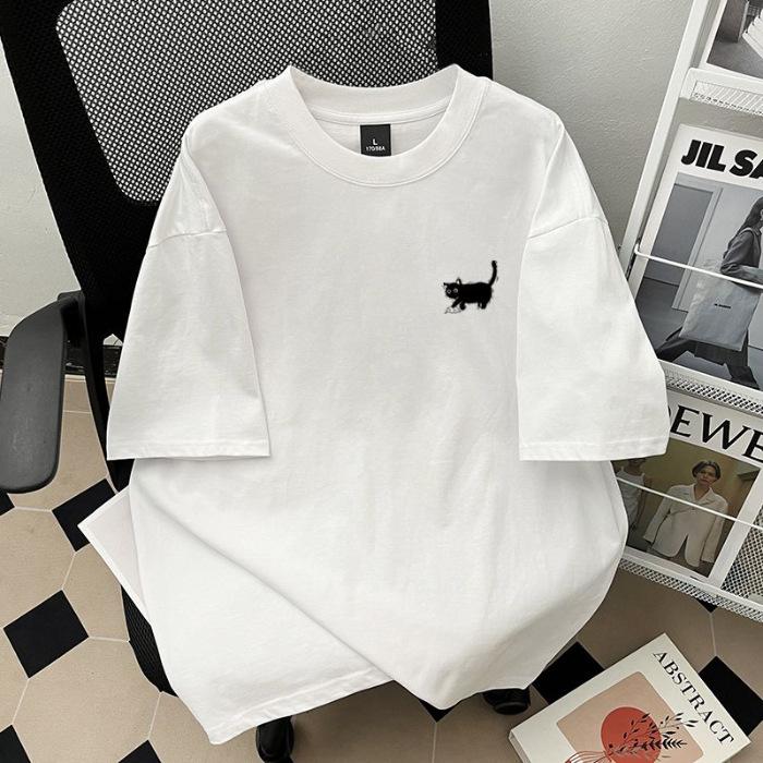 Летняя женская свободная футболка с короткими рукавами и принтом котенка в стиле милой и пикантной вязки