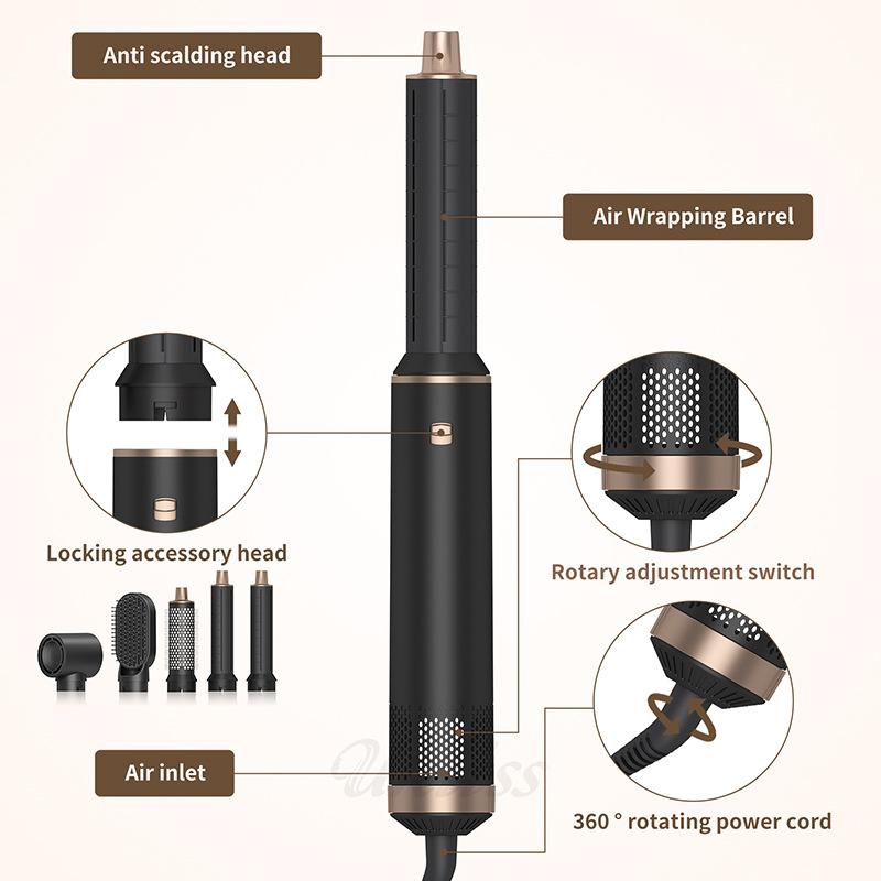 5-in-1 Air Blower Brush Hair Styler Ionic Hot Air Brush Curler & Straightener 1000W Detachable Heads Diffuser Salons Hair Tools