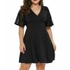 Fashion Women Plus Size Casual Solid V-Neck Short Sleeve Lace A-Line Swing Dress
