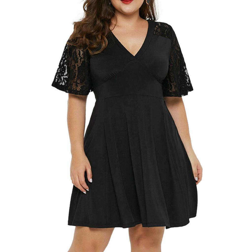 Fashion Women Plus Size Casual Solid V-Neck Short Sleeve Lace A-Line Swing Dress