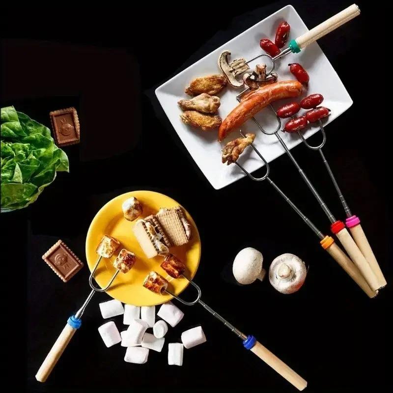3PCS Stainless Steel Telescopic BBQ Fork Hot Dog Roasting Stick Extendable U Shape Campfire Skewer with Wood Handle Outdoor