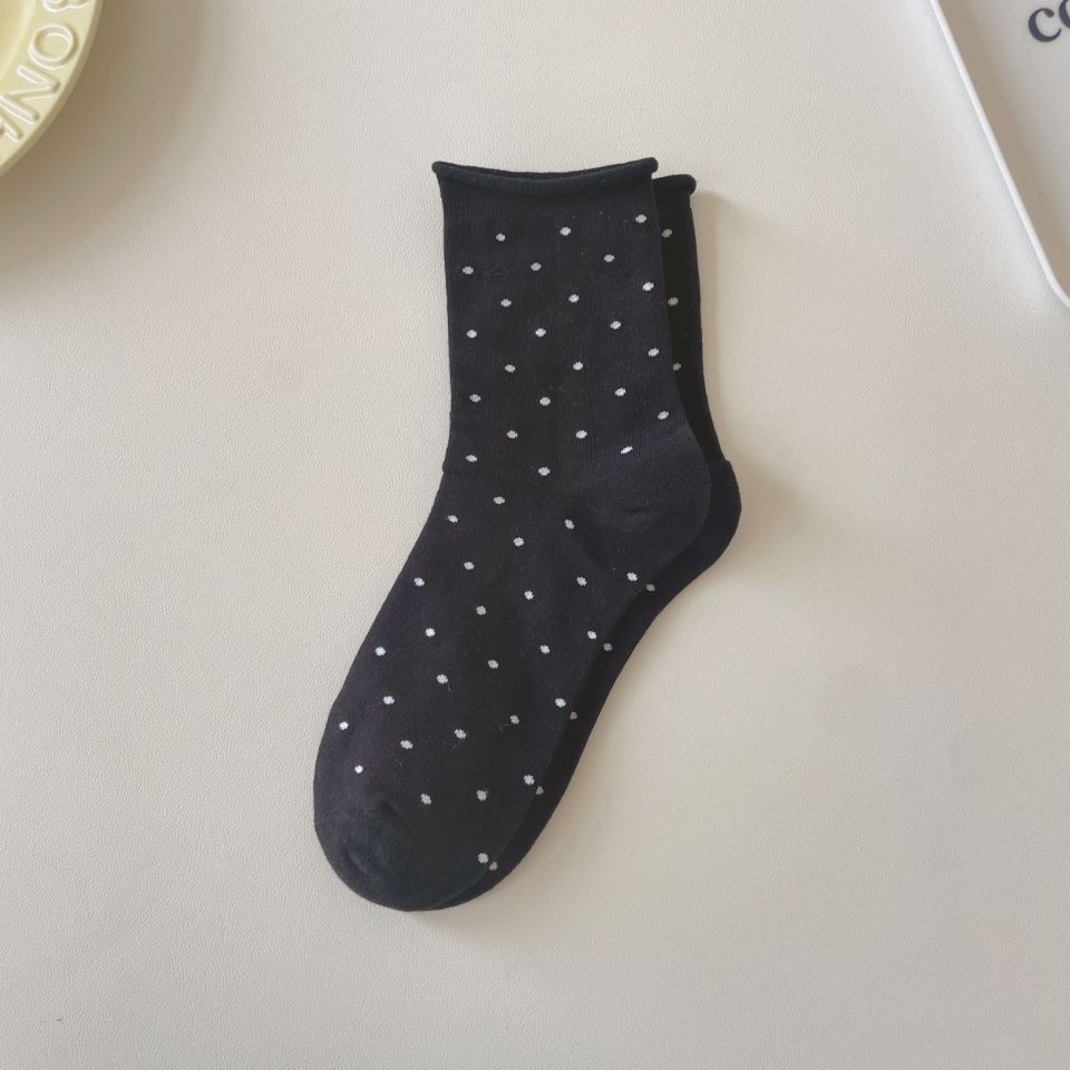 Trendy Rolled-up Polka Dot Mid-calf Socks, Summer Thin Student Girlish Pile Socks, Mid-calf Women's Socks