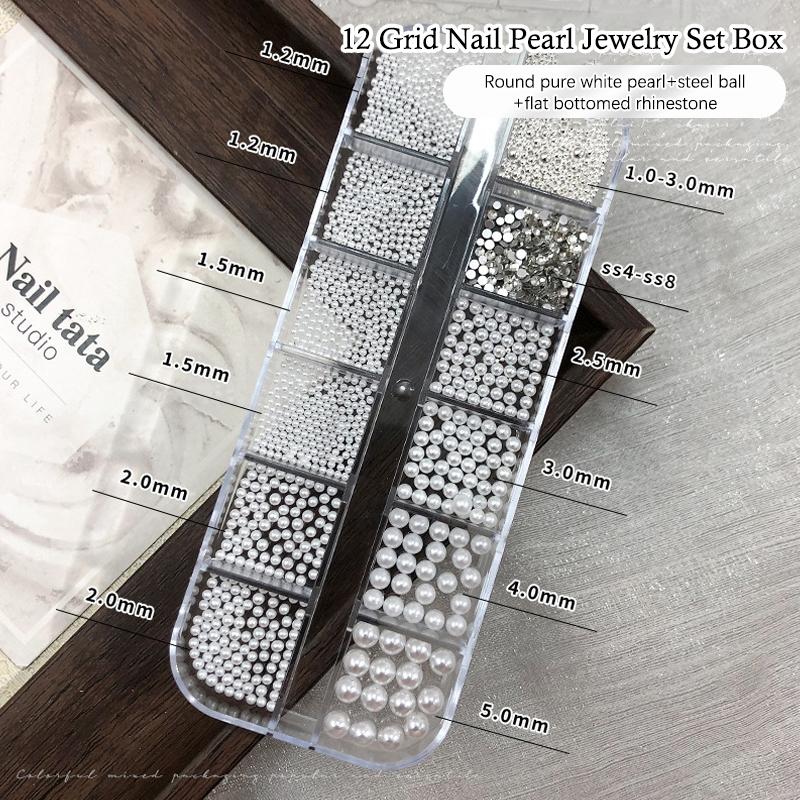 6/12 Grids/Box Colorful Round Pearls Nail Beads Charms Caviar Jewels Half Round Pearl Gems for DIY Nail Art Decoration
