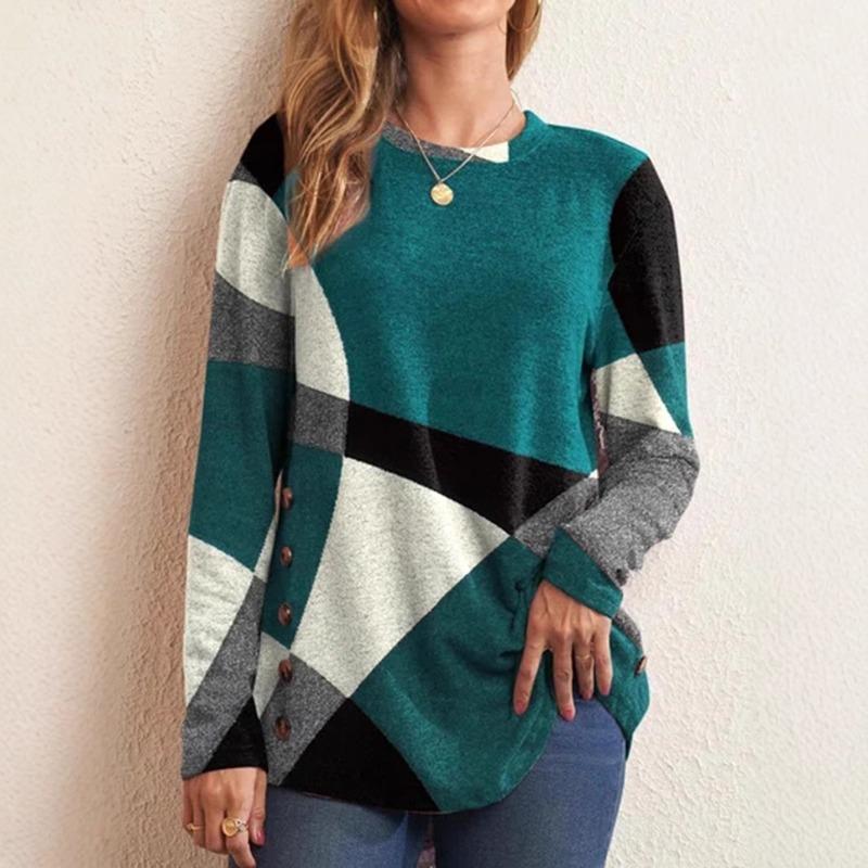 GMXIA Женская модная повседневная блузка с длинным рукавом и круглым вырезом