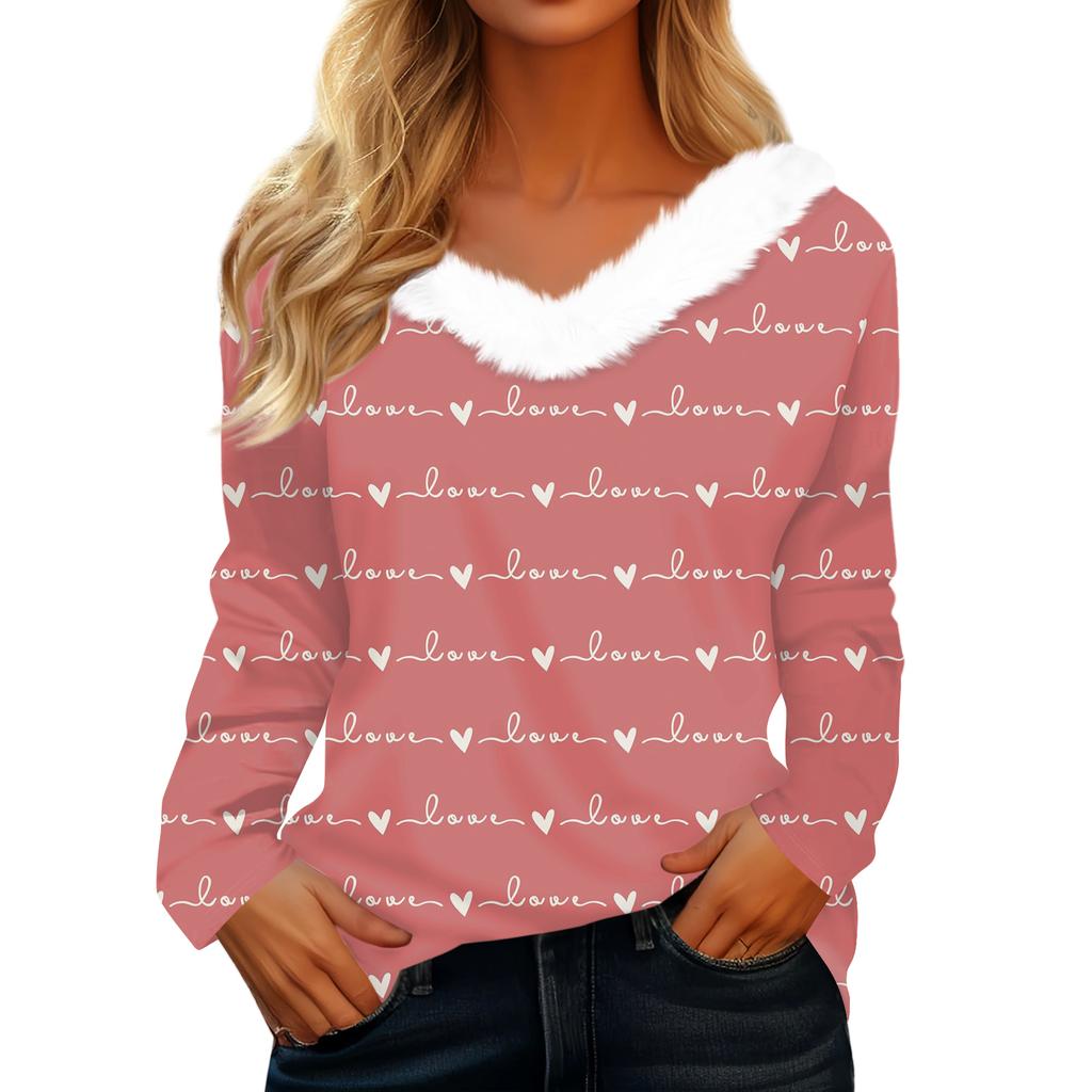 Женская футболка с длинным рукавом с принтом на День святого Валентина, V-образным вырезом, повседневная, свободного кроя