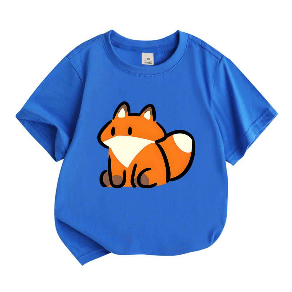 Cute Cartoon Fox Print Kids 100% Cotton Crew Neck Short Sleeve T-Shirt for Boys Girls Soft Breathable Casual Daily Wear Lightweight Summer Tees Tops f