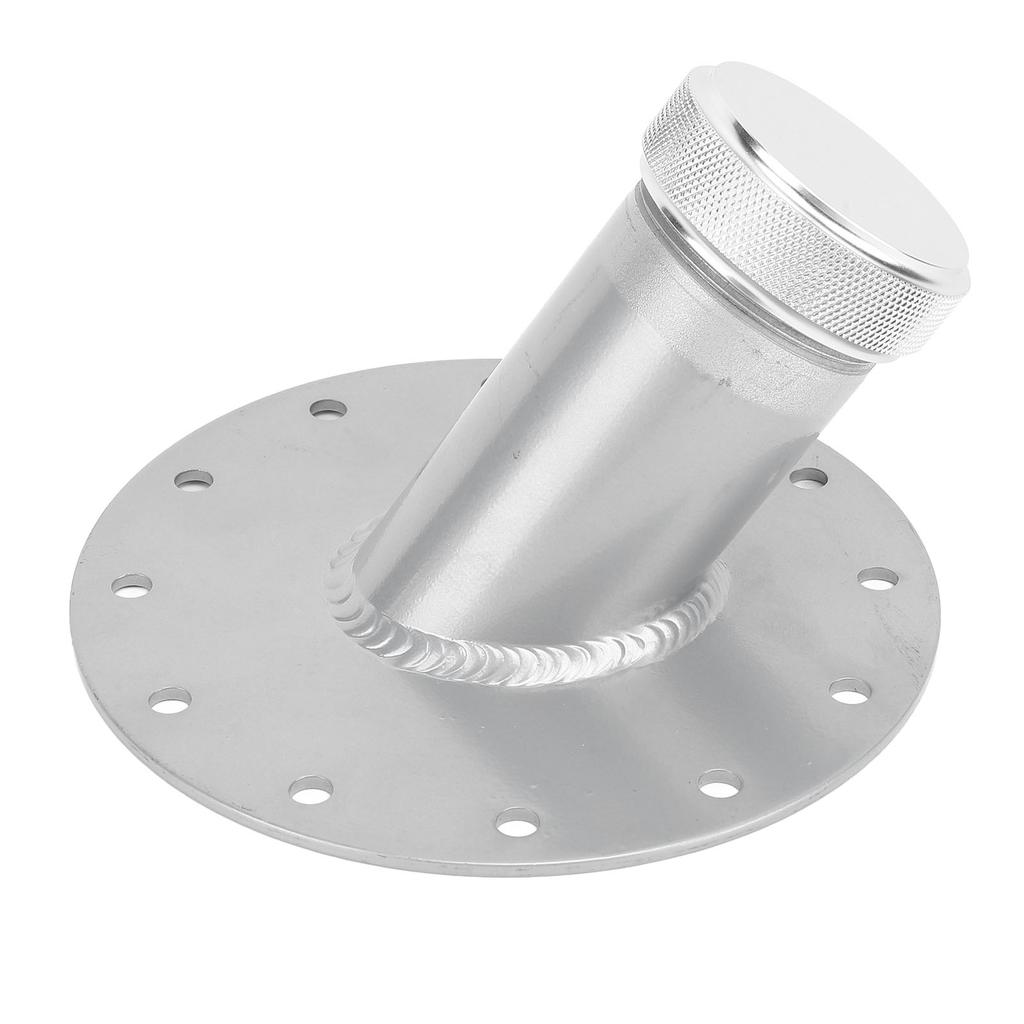 45 Degree Fuel Cell Filler Neck with 12 Bolt Steel Base Aluminum Cap 1.5in Inner Diameter Silver