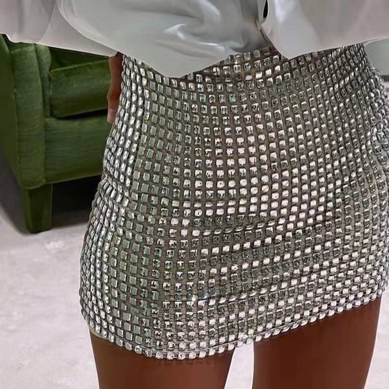 Summer New Solid Slim Fit Sexy Skirt Women Grid Sequin Wrap Hip Fashion Mini Skirt for Women Fashion Elegant High Waist Skirts Female 24277