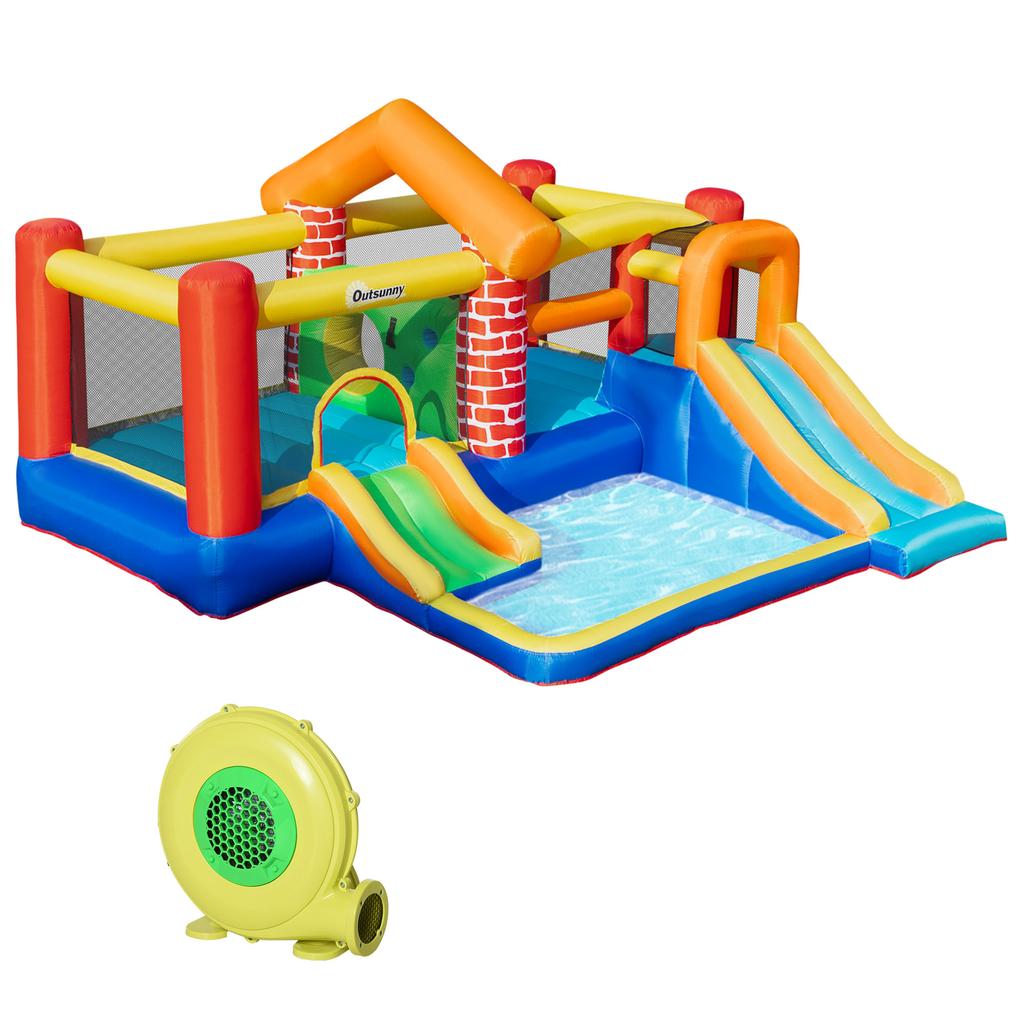 4 in 1 Kids Bouncy Castle Extra Large Double Slides & Trampoline Design Inflatable House Pool Climbing Wall with Blower Carrybag for Kids Age 3-8