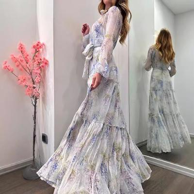 Женское шифоновое платье с принтом Кардиган с большим поясом, цветочным узором, длинный стиль