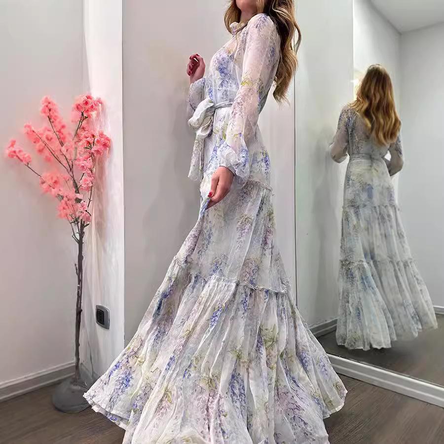 Женское шифоновое платье с принтом Кардиган с большим поясом, цветочным узором, длинный стиль
