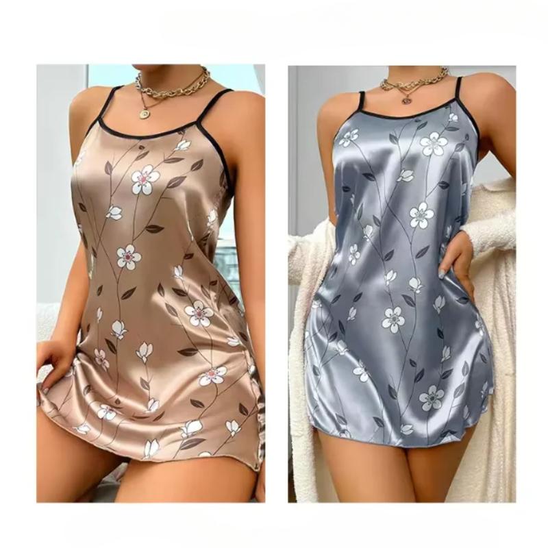 Women's Sleepwear Summer Floral Print Satin Nightgown Casual Sleeveless Backless Slip Night Dress Sexy Nightdress Home Clothes