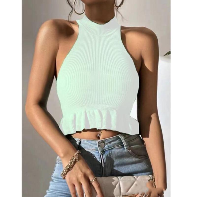 Женский летний вязаный короткий жилет с рюшами и подвесным воротником