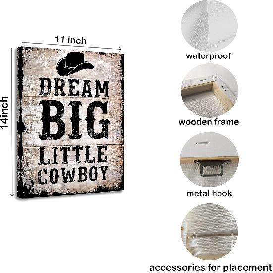 WODMIS pirational Quote Dream Big Little Cowboy Retro Western Cowboy Hat Framed Canvas Wall Art Decor 11×14 inch,Farmhouse Rustic Print Painting