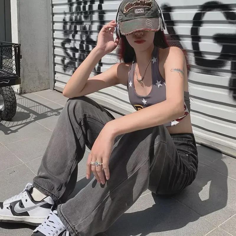 Женские широкие джинсы с высокой талией и градиентом черного цвета (Летняя коллекция 2024 г.)