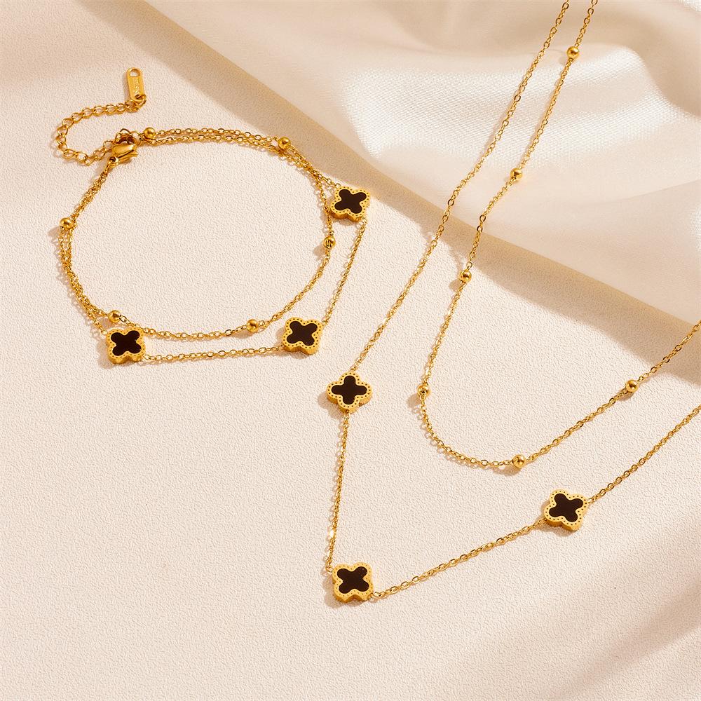 2шт модный титановый стальной клевер двухслойный браслет ожерелье комплект