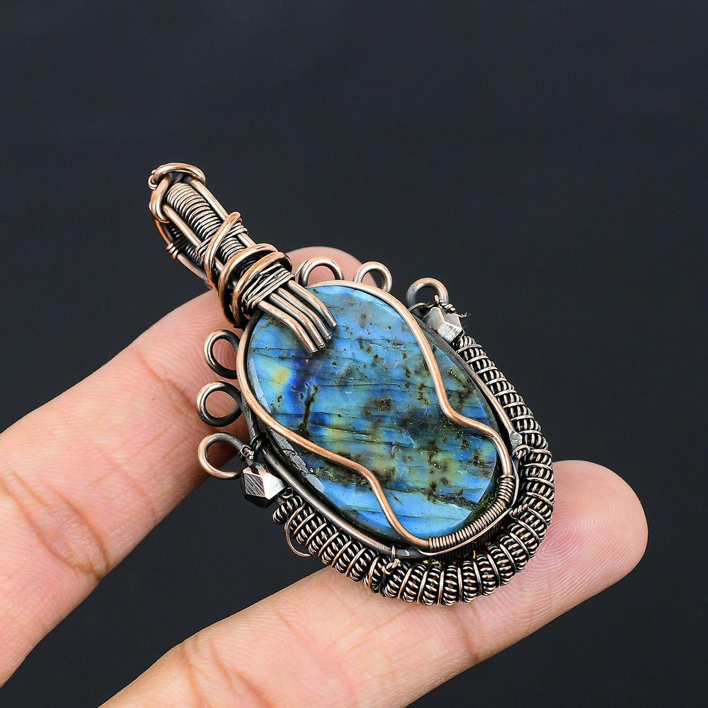 Labradorite Gemstone Pure Copper Wire Wrapped Handmade Pendant Jewelry Gift For Her