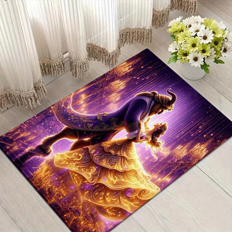 1pc Beauty and The Beast Pattern Area Rug Soft Flannel Floor Mat for Living Room,Office,Bedroom and Carpet,Sofa Coffee Table Floor Mat