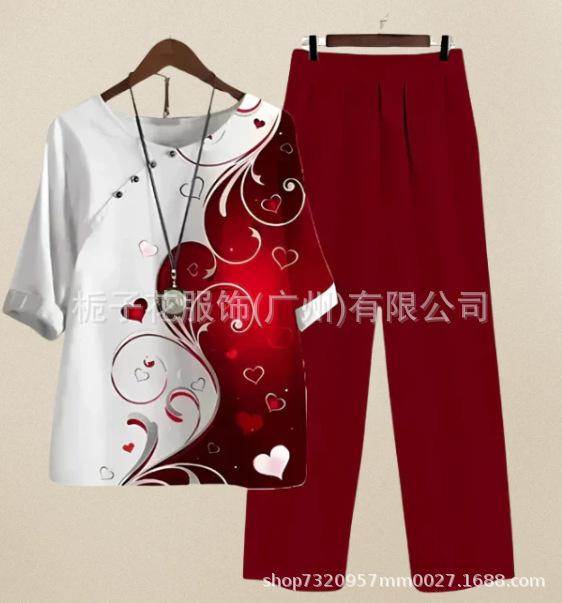 Europe beautiful women casual suit popular fashion summer new five-quarter sleeve printed top pants two-piece set