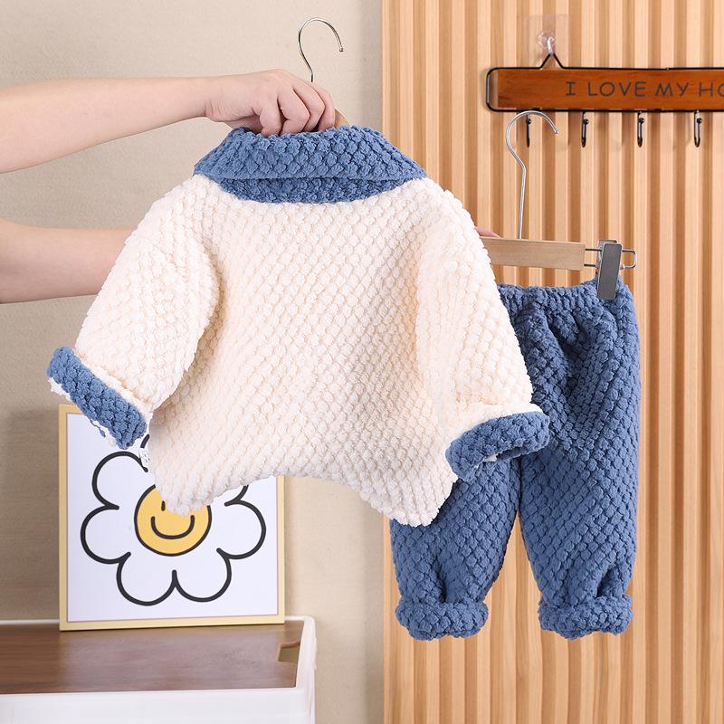 Winter Boys' Bear Pajama Set: Double-Layer Plush Fleece Homewear