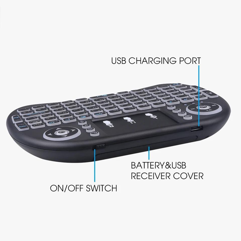 I8 Mini Keyboard 2.4GHz Беспроводная клавиатура 3-цветная подсветка английская русская воздушная мышь с сенсорной панелью Пульт дистанционного управления для ПК ноутбука