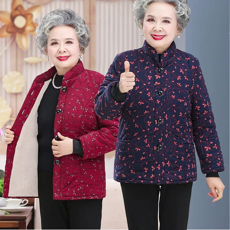 Older Women Winter Jacket Autumn Velvet Mom Outerwear Warm Cotton Padded Jacket Plus Size Winter Loose Cotton Coat